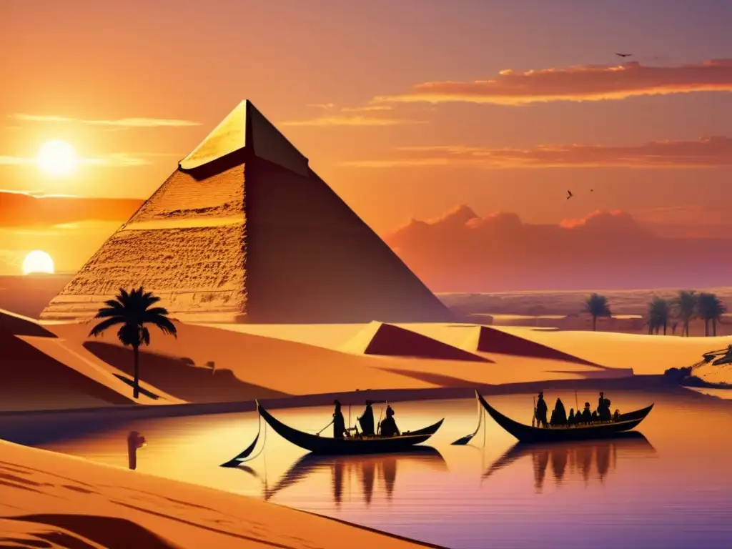 La majestuosa Gran Pirámide de Giza al atardecer, con Barcos Solares Keops navegando en el río Nilo