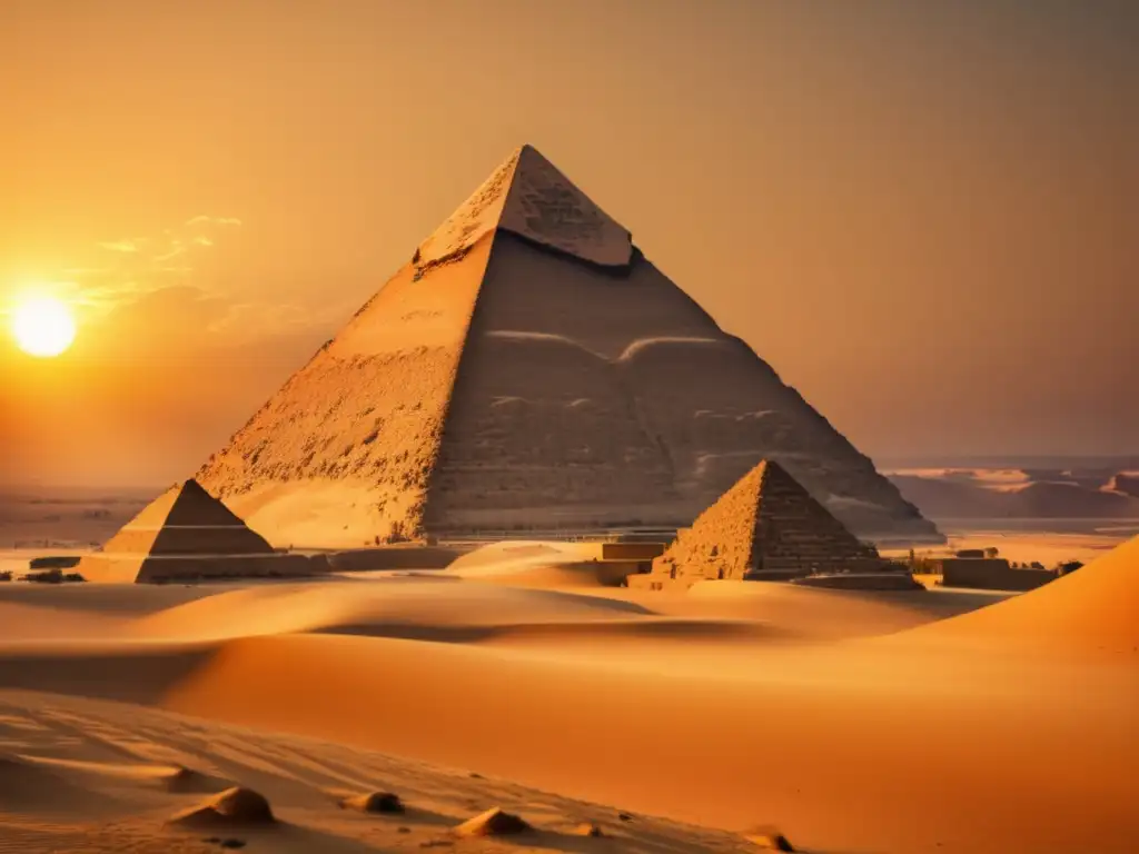 La majestuosa Gran Pirámide de Giza al atardecer, iluminada por una cálida luz dorada