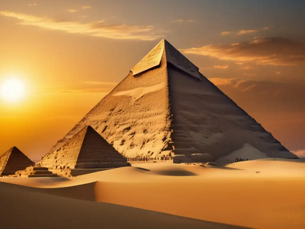 La majestuosa Gran Pirámide de Giza se alza contra los tonos dorados de un atardecer, mostrando la influencia del Imperio Antiguo en Egipto