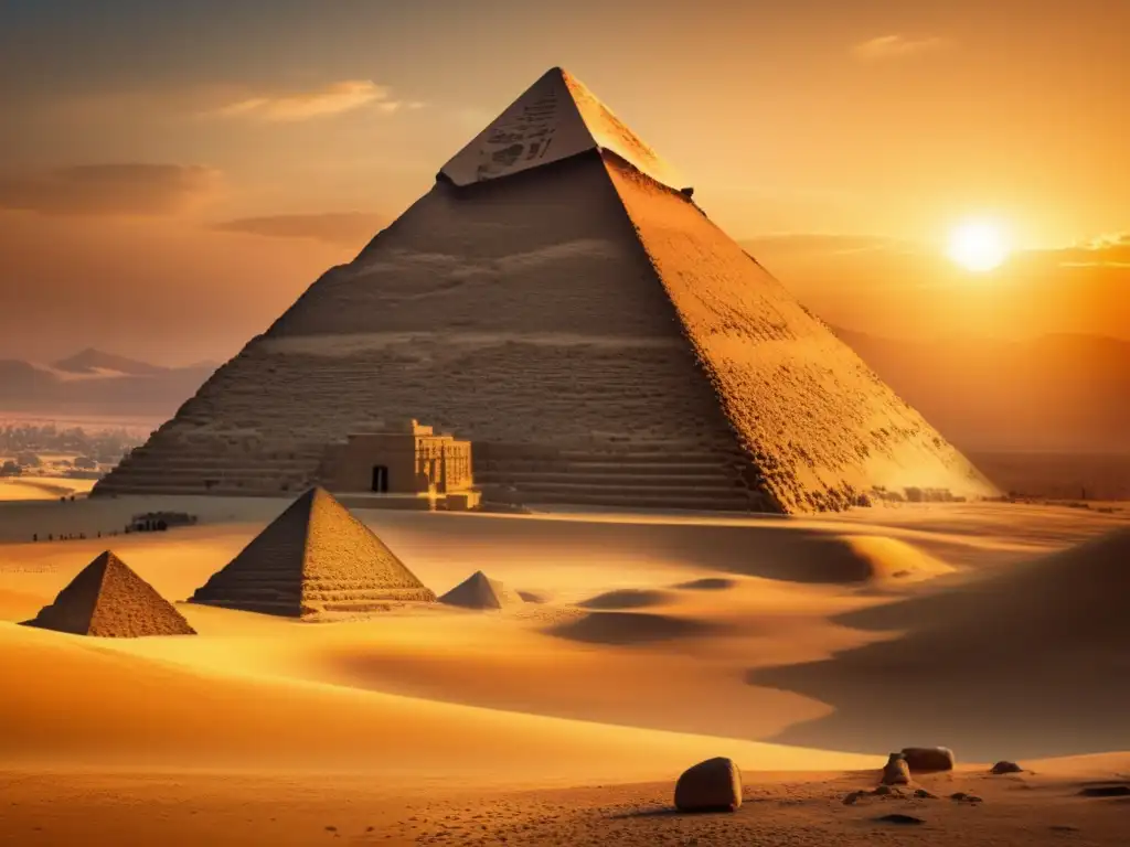 La majestuosa Gran Pirámide de Giza se destaca en un atardecer dorado
