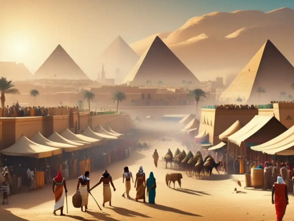 Una majestuosa imagen de una antigua ciudad egipcia, con imponentes pirámides en el fondo