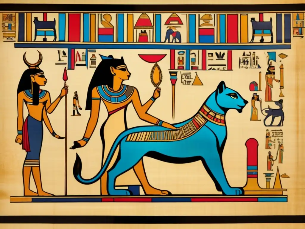 Una majestuosa imagen detallada de un antiguo pergamino egipcio que muestra a la diosa Sekhmet en todo su esplendor