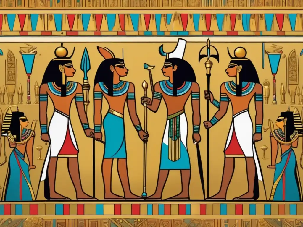Una majestuosa imagen detallada de un mural egipcio vintage que adorna las paredes de un templo