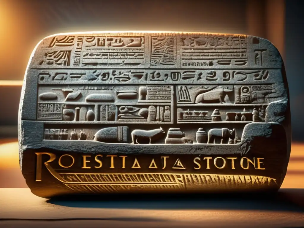 Majestuosa imagen del Rosetta Stone, con sus intrincados jeroglíficos, textura desgastada y encanto vintage