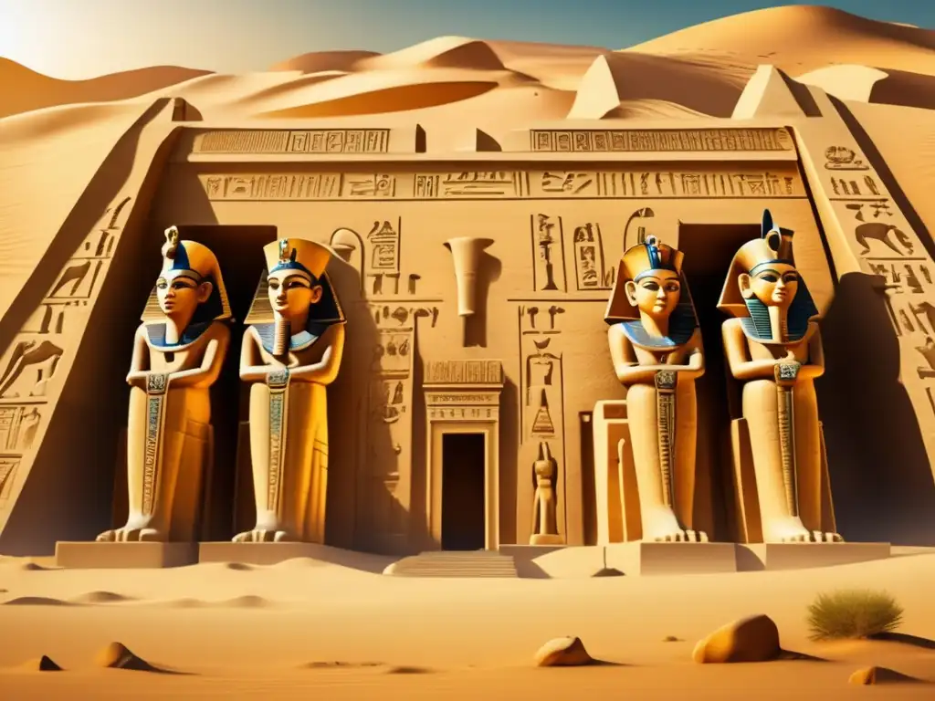 Una majestuosa imagen de un templo egipcio vintage, con representaciones de dioses en el arte egipcio, rodeado por el desierto