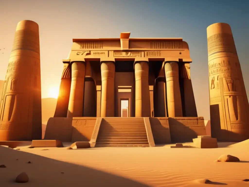 Una majestuosa imagen de un templo egipcio al atardecer, con columnas simbólicas, captura la grandiosidad de la arquitectura antigua