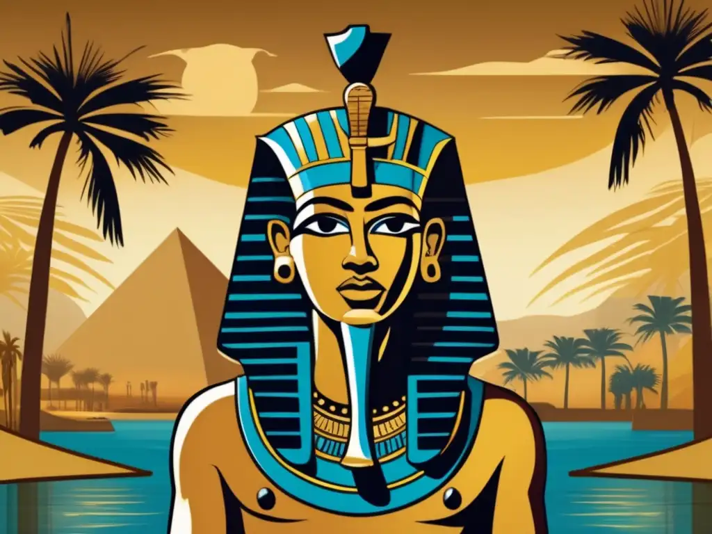 Majestuosa imagen vintage del faraón egipcio Narmer, con expresión regia y joyas doradas