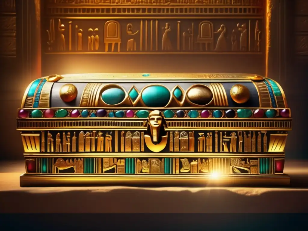 Majestuosa imagen vintage de un sarcófago egipcio ricamente decorado con oro y piedras preciosas, reposando en una cámara misteriosa