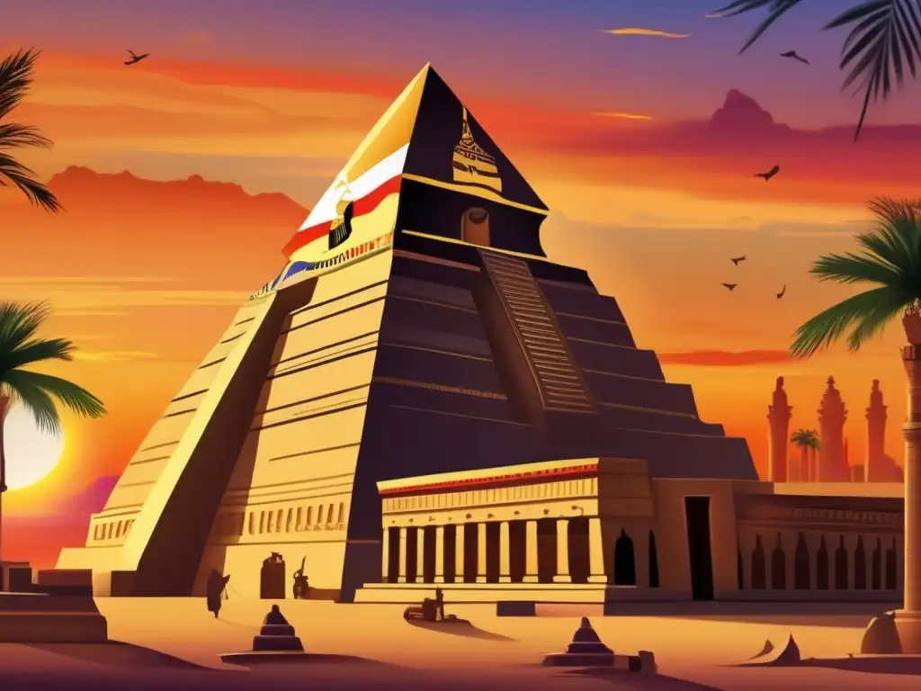 Una majestuosa imagen vintage muestra un templo egipcio en medio de un vibrante atardecer