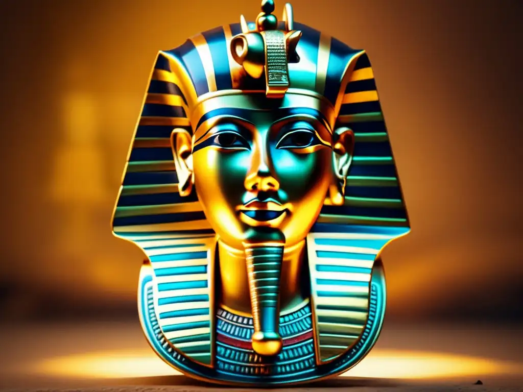 Majestuosa máscara dorada de Tutankamón, iluminada por una cálida luz