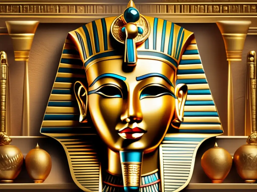 La majestuosa máscara de oro del faraón Psusennes I en su tumba de Tanis, rodeada de artefactos egipcios antiguos