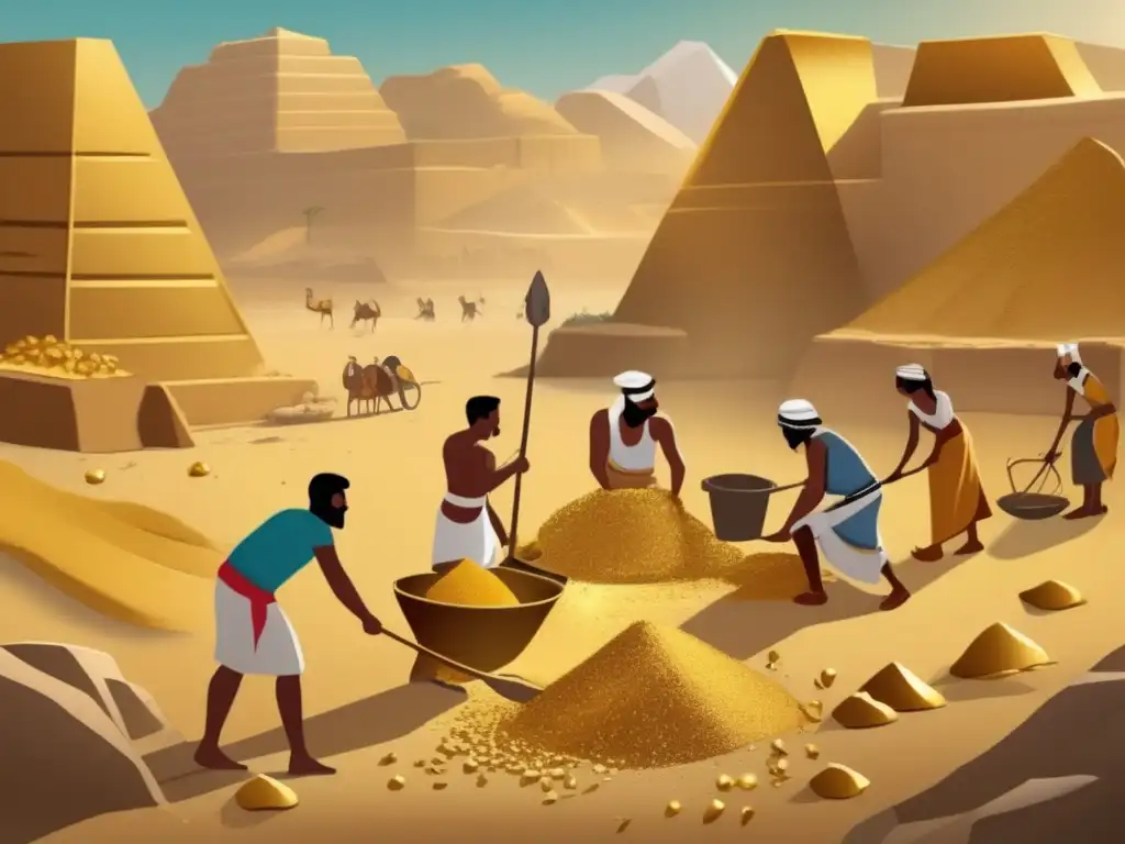 Majestuosa extracción de oro en el Antiguo Egipto: trabajadores ataviados con trajes tradicionales, herramientas primitivas y paisajes icónicos