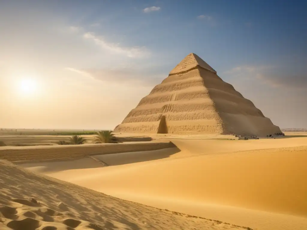 La majestuosa Pirámide de Djoser, también conocida como la Pirámide Escalonada de Zoser, se alza en el paisaje dorado del desierto de Saqqara, Egipto