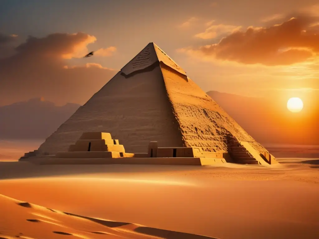 Una majestuosa pirámide egipcia, iluminada por el cálido resplandor del sol poniente