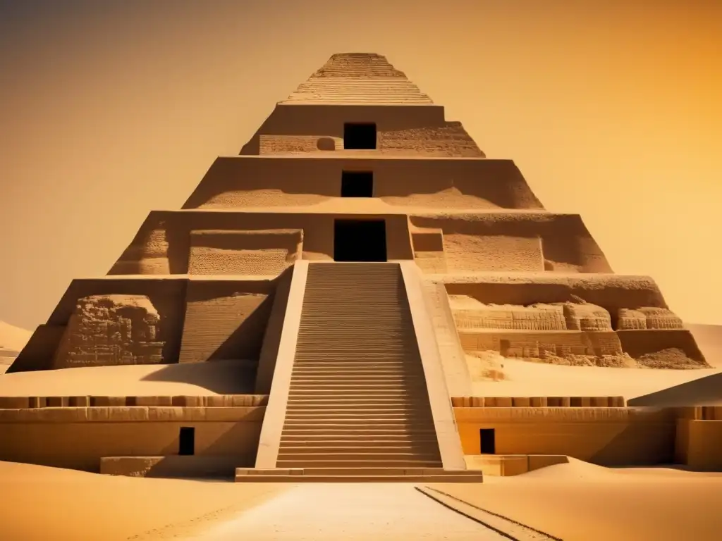 La majestuosa pirámide escalonada de Djoser en Egipto, capturada en una imagen vintage que resalta su grandeza y misterio