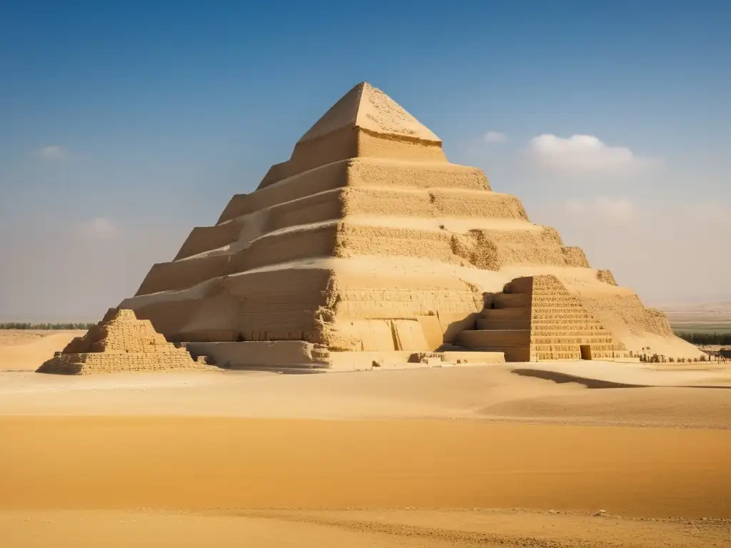 La majestuosa Pirámide escalonada de Zoser, en Saqqara, Egipto, se destaca enmarcada por el cielo azul