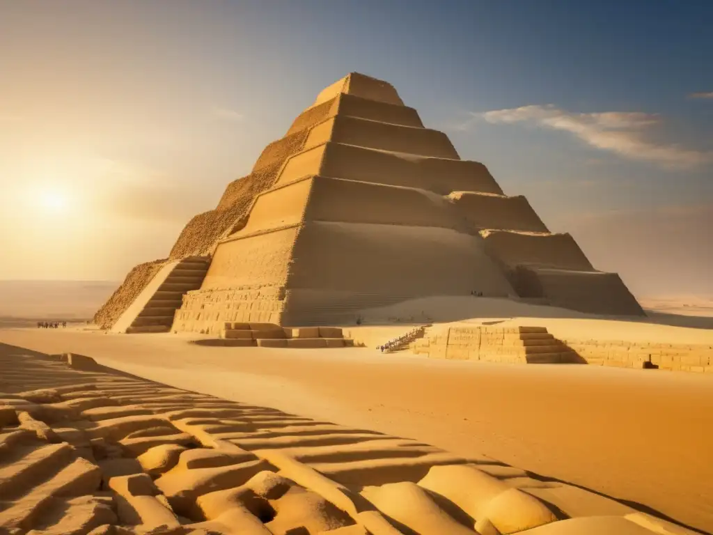 La majestuosa Pirámide escalonada de Zoser en Egipto, se alza imponente contra un cielo azul