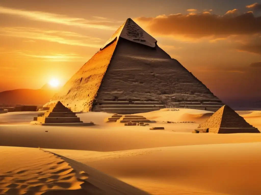 La majestuosa Pirámide de Giza destaca en el atardecer dorado, revelando los avances tecnológicos en la construcción egipcia