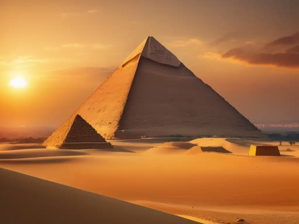 La majestuosa Pirámide de Giza se alza contra un atardecer dorado, destacando los avances tecnológicos en la construcción egipcia