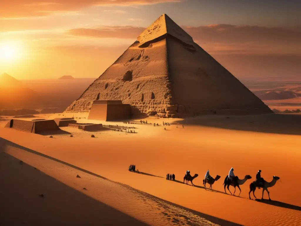 La majestuosa pirámide de Giza al atardecer, proyectando una larga sombra en el desierto