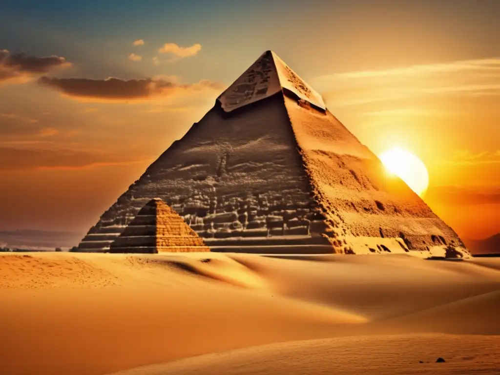 La majestuosa Pirámide de Giza al atardecer, con el sol dorado iluminando su antigua estructura