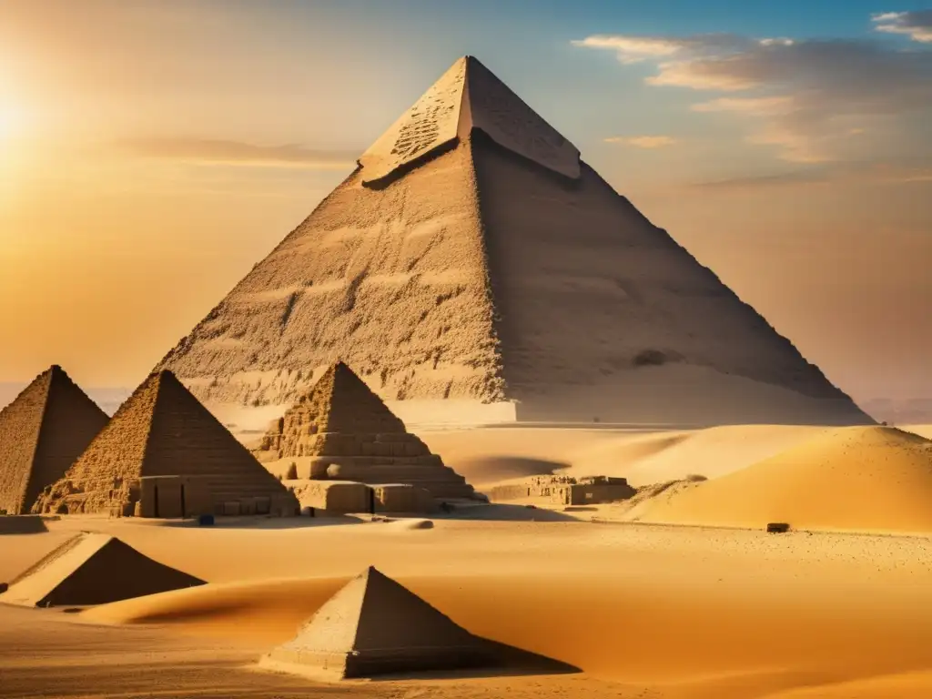 La majestuosa Pirámide de Giza, bañada en cálida luz dorada, se eleva orgullosa frente al cielo azul