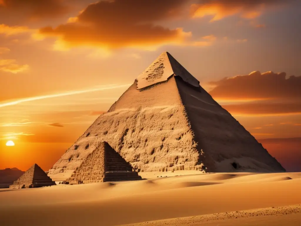 Majestuosa pirámide de Giza, construida con precisión y técnicas ancestrales egipcias, resplandeciendo al atardecer