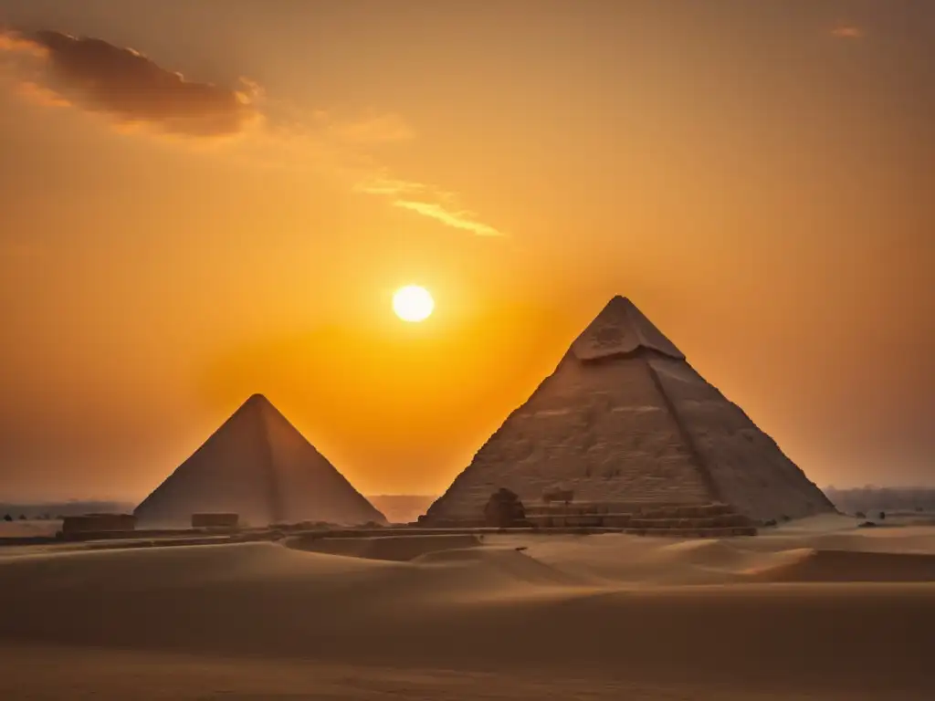 La majestuosa Pirámide de Giza, con su estructura imponente destacando contra el cielo dorado del atardecer