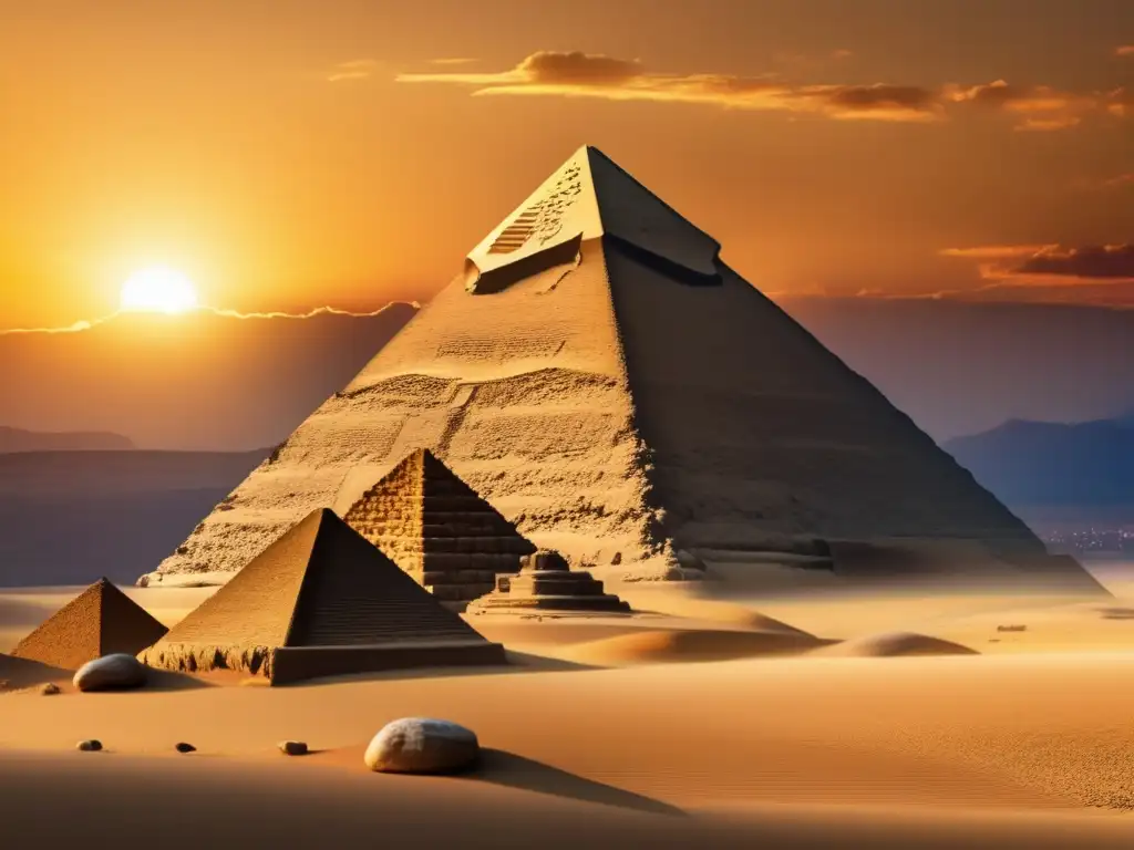 La majestuosa Pirámide de Giza se alza sobre un hermoso atardecer, resaltando la ingeniería egipcia en la actualidad