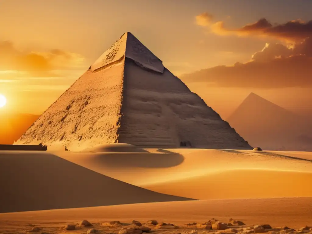 La majestuosa pirámide de Giza se alza imponente en un atardecer dorado, mostrando la maestría arquitectónica de los antiguos egipcios