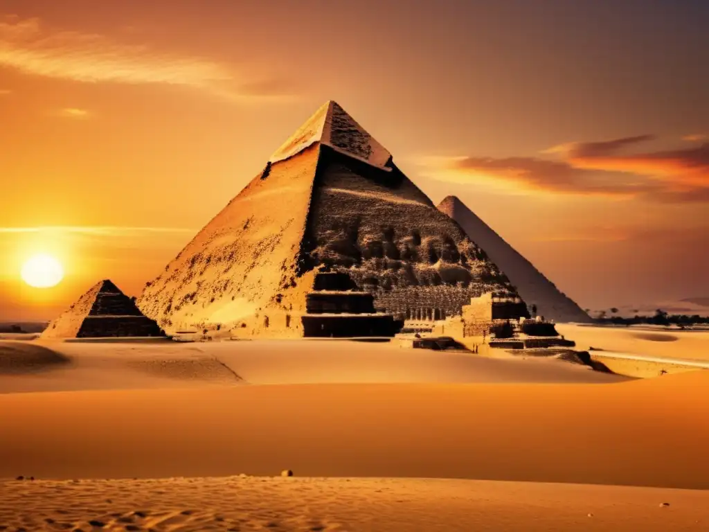 La majestuosa Pirámide de Giza se alza imponente contra el cielo dorado del atardecer