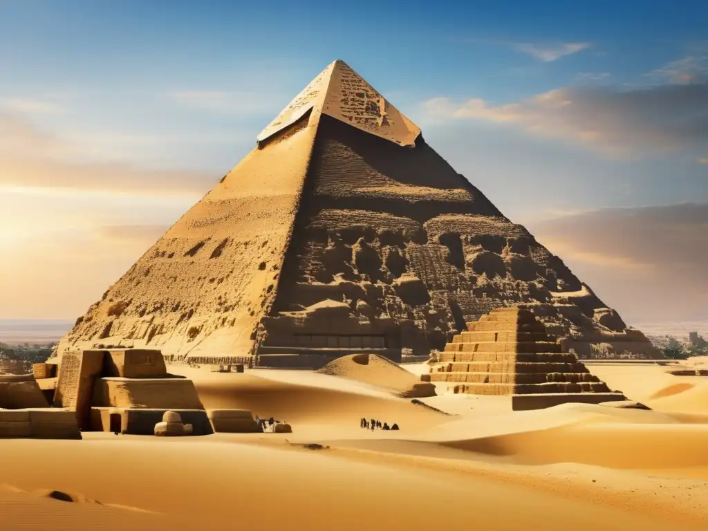 La majestuosa Pirámide de Giza se alza imponente sobre el cielo azul, sus bloques de piedra desgastados cuentan la historia del tiempo