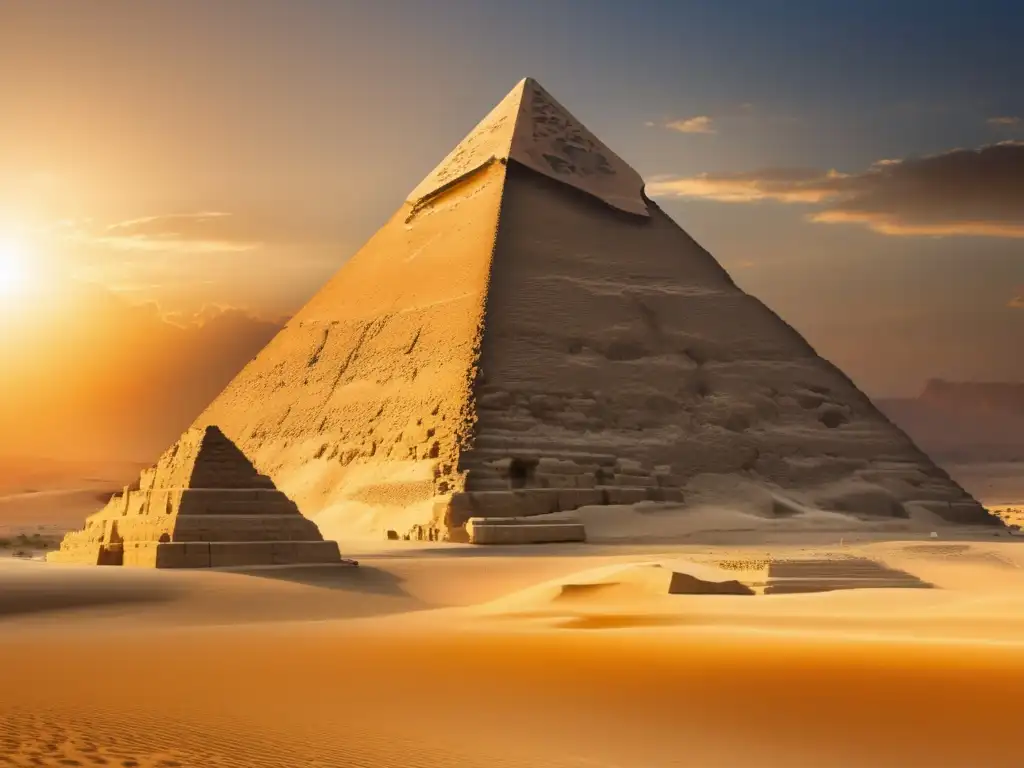 La majestuosa Pirámide de Giza se alza imponente en el desierto, iluminada por el cálido resplandor dorado del sol