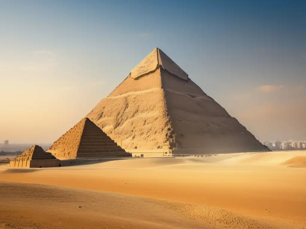 La majestuosa Pirámide de Khafre, también conocida como la Segunda Pirámide de Giza, se yergue imponente contra el cielo azul claro
