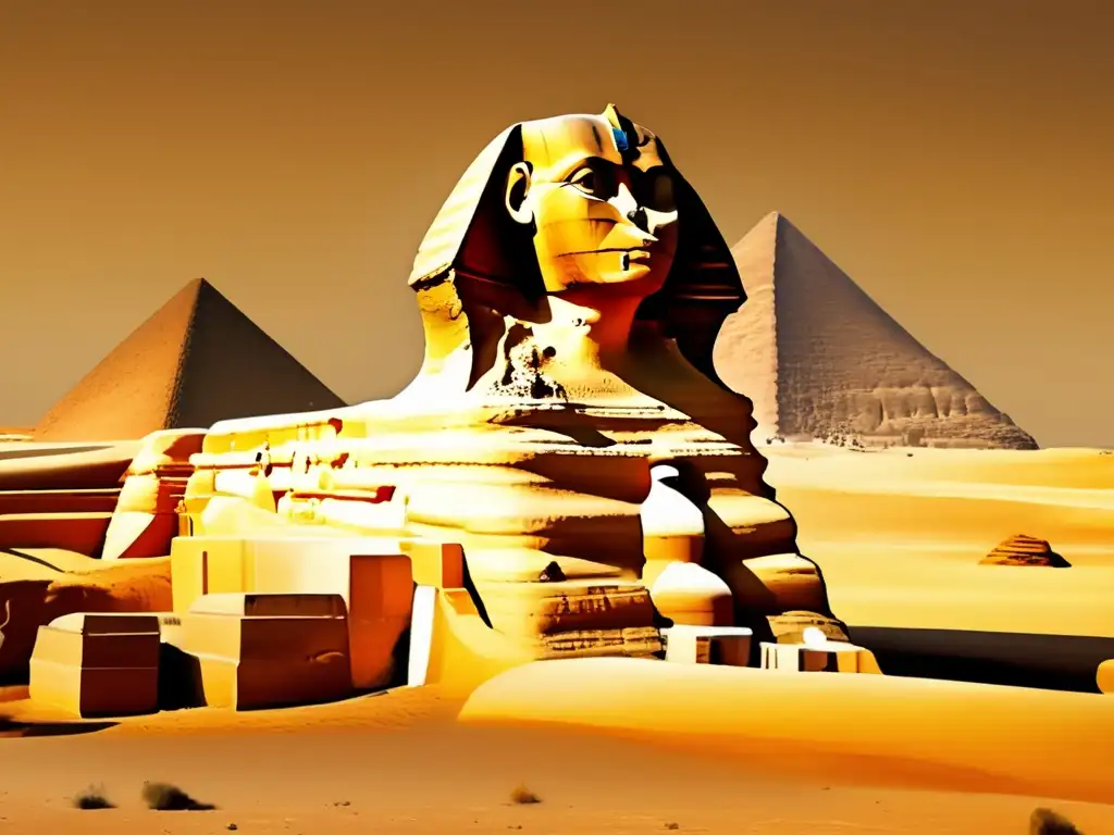 La majestuosa presencia de la Esfinge en Egipto, su rostro envejecido y el desierto dorado evocan misterio y antigüedad