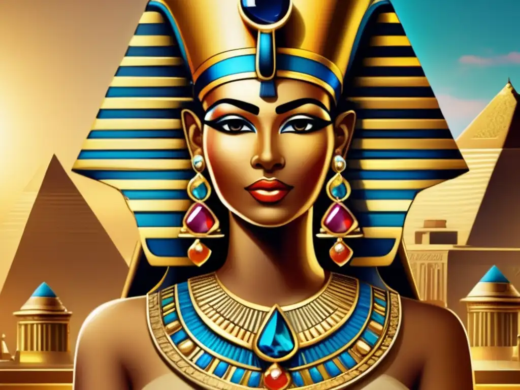 Majestuosa reina egipcia, joyas y templo en un arte detallado