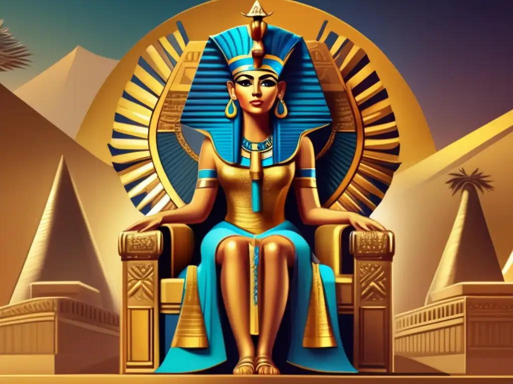 Majestuosa reina egipcia en su trono de oro