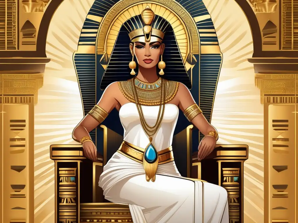 Una ilustración vintage muestra a una majestuosa reina egipcia en su trono dorado, rodeada de jeroglíficos