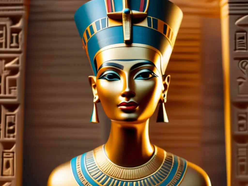 La majestuosa reina Nefertiti, su rostro perfectamente simétrico y adornado con patrones jeroglíficos