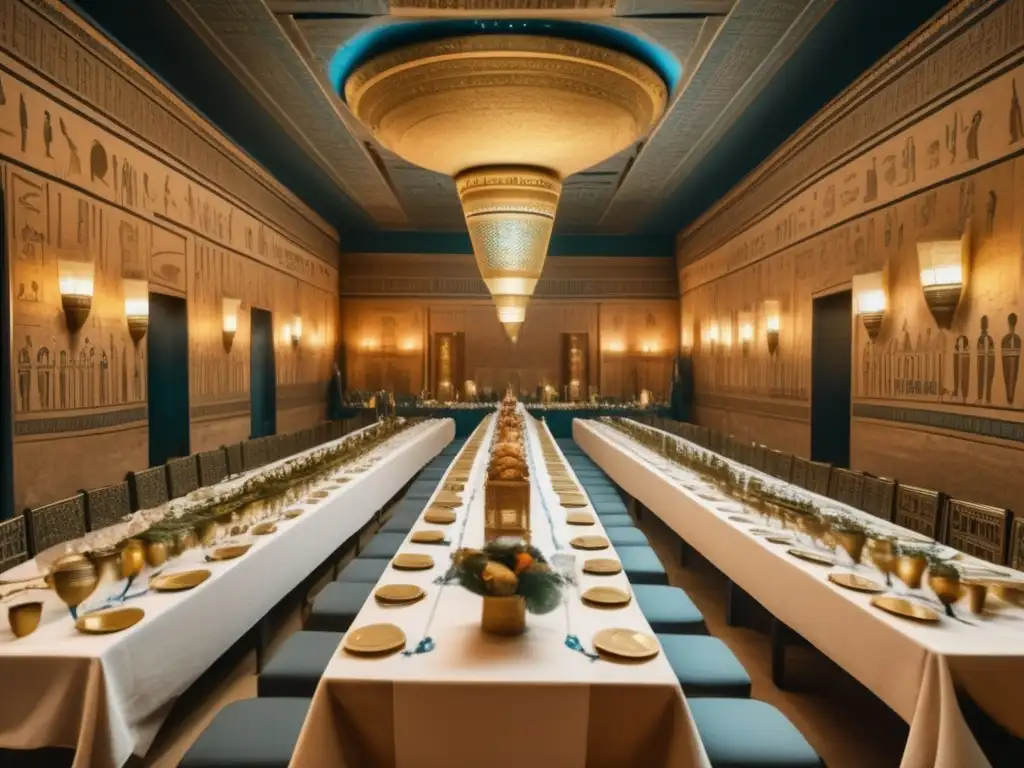 Una majestuosa sala de banquetes en el antiguo Egipto, con intrincadas decoraciones de jeroglíficos en las paredes