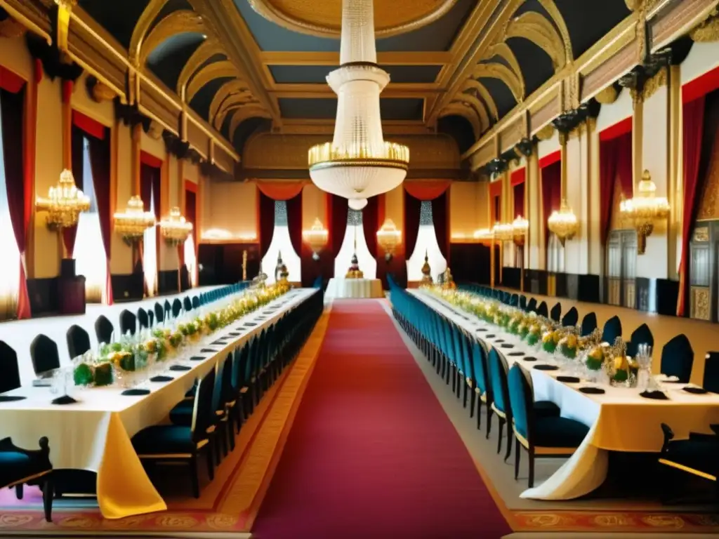 Una majestuosa sala ceremonial con decoraciones opulentas y candelabros ornamentados