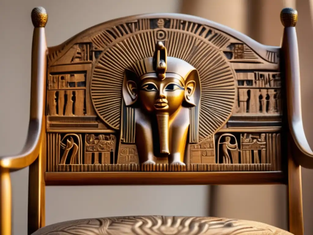 Una majestuosa silla de madera tallada con motivos solares y símbolos de deidades antiguas egipcias