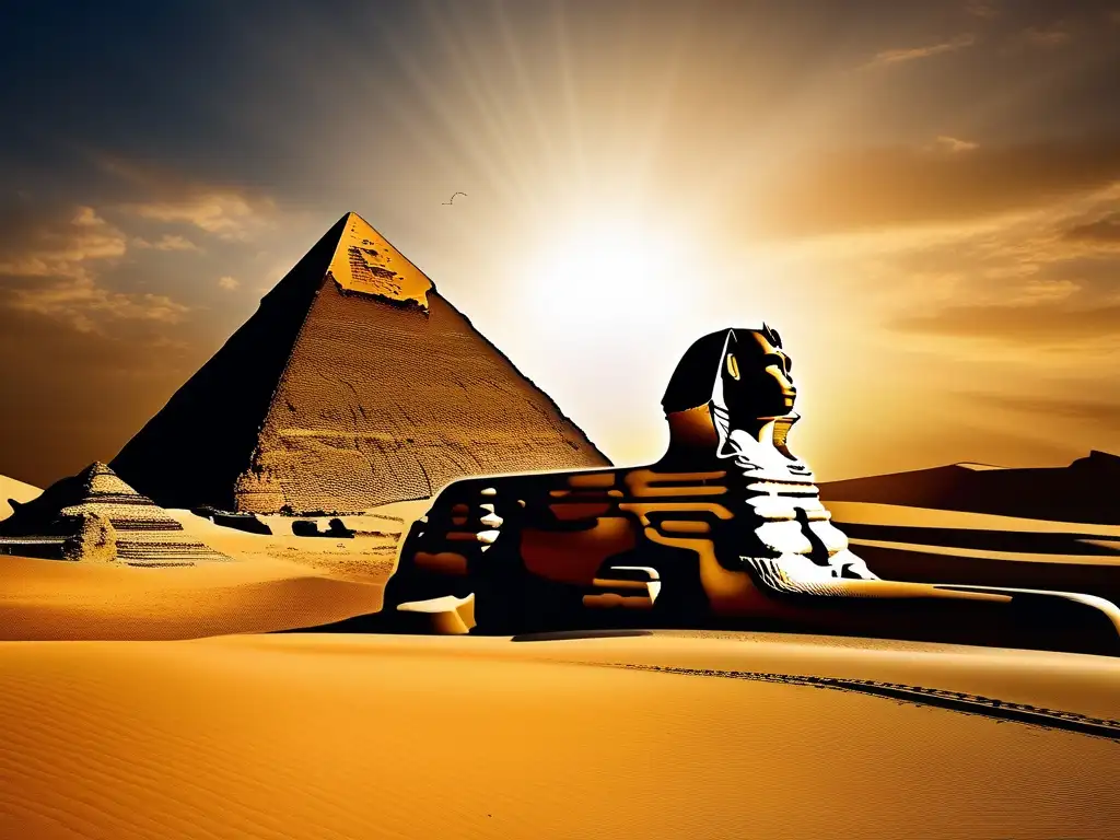 La majestuosa silueta del Gran Esfinge de Giza, parcialmente enterrada en las arenas doradas del desierto egipcio