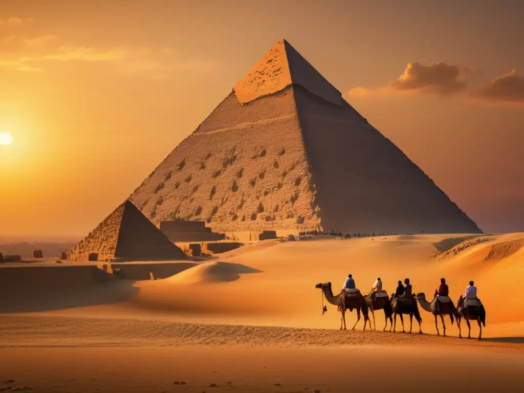 La majestuosa silueta de la Gran Pirámide de Giza al atardecer, capturando la esencia de Egipto antiguo