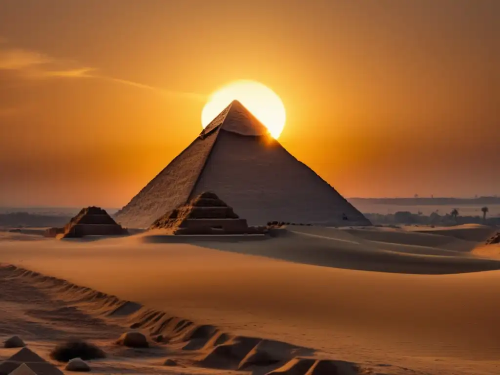 La majestuosa silueta de la Gran Pirámide de Giza se eleva contra el atardecer dorado de Egipto