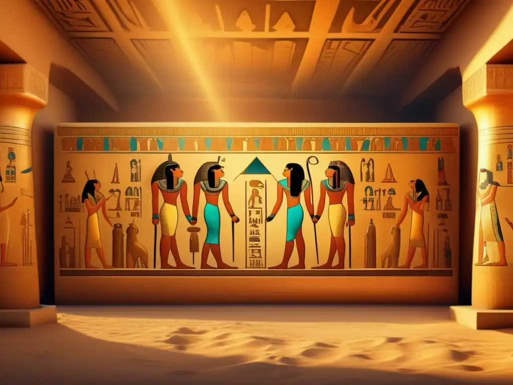 Majestuosa tumba egipcia decorada con detalles intrincados, bañada en cálida luz dorada