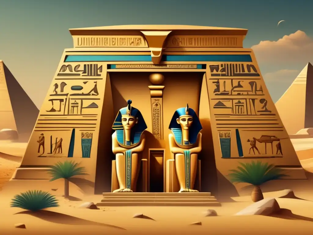 Una ilustración vintage muestra una majestuosa tumba egipcia en el desierto dorado