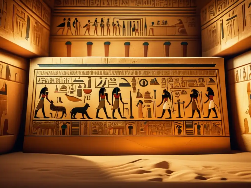 Majestuosa tumba egipcia, iluminada por una suave luz dorada