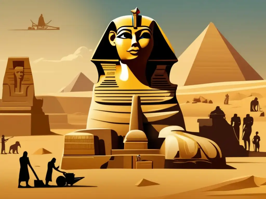 La majestuosa Esfinge de Egipto cobra vida en un desierto arenoso mientras trabajadores antiguos tallan con precisión