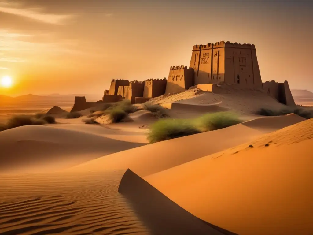 Las majestuosas Fortificaciones del Desierto en Nubia se elevan orgullosamente sobre un acantilado rocoso, con sus muros de arenisca desgastada por el tiempo y adornados con intrincados grabados y jeroglíficos